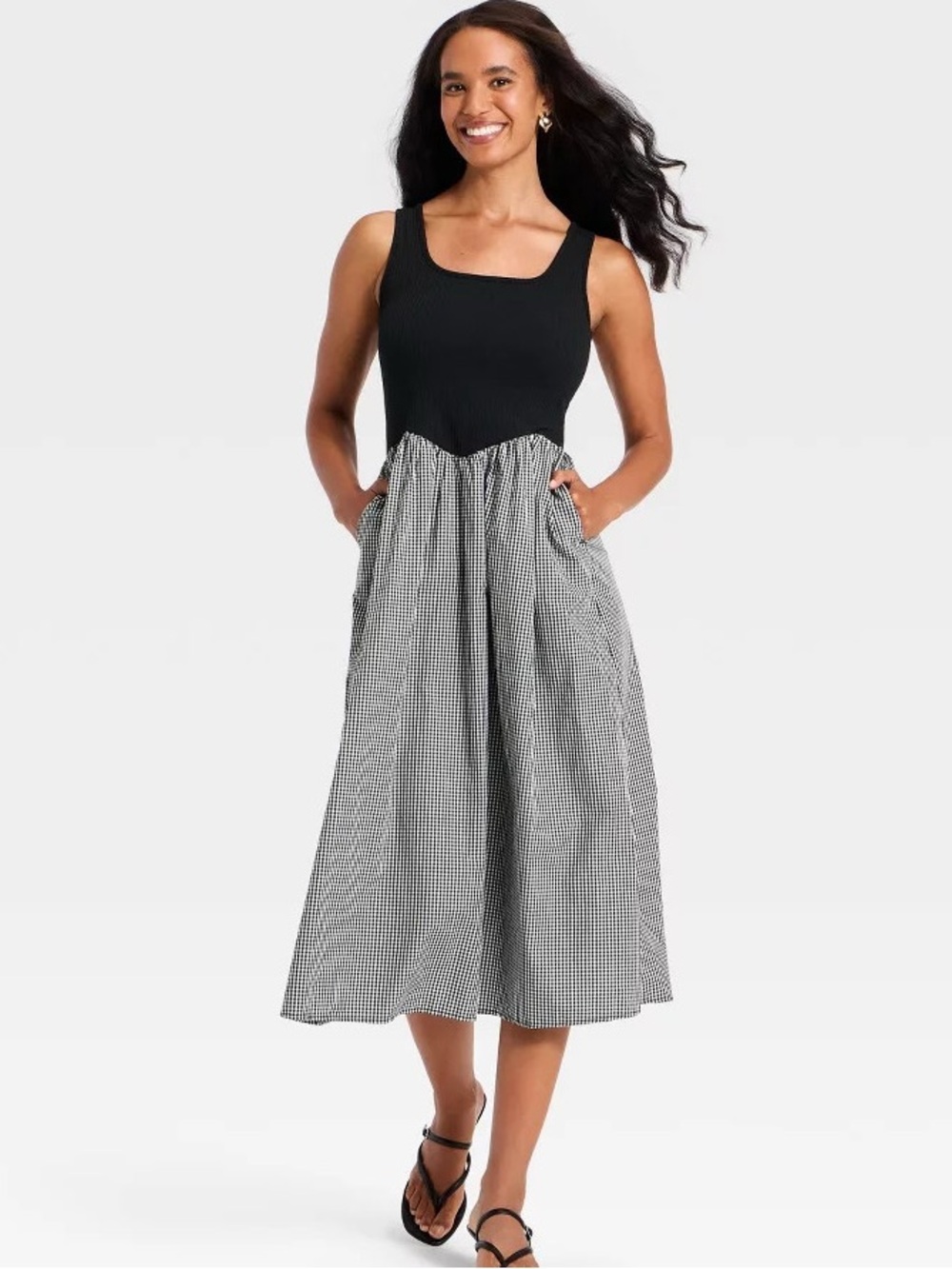 A New Day Black Gingham V-Waist Midi Dress